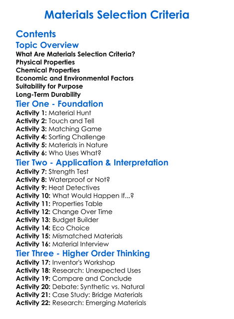 Materials Selection Criteria Worksheet Activity Booklet
