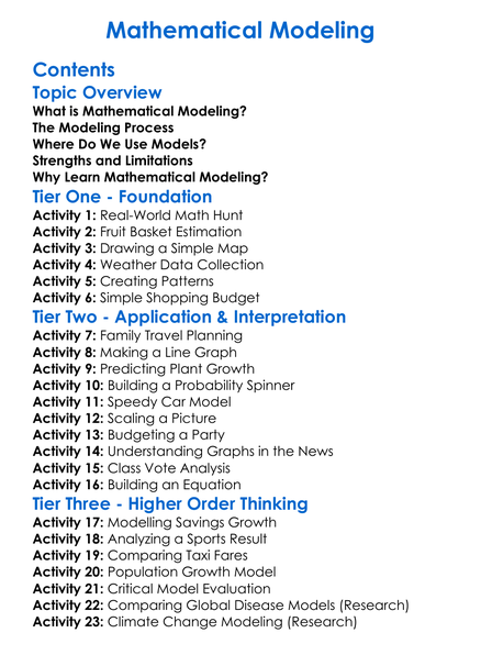 Mathematical Modeling Worksheet Activity Booklet
