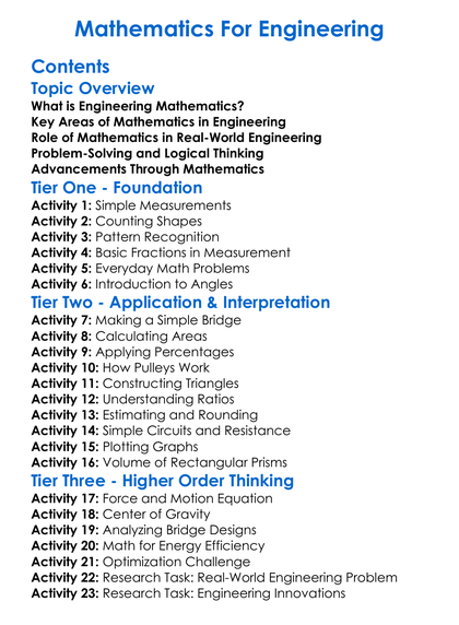 Mathematics For Engineering Worksheet Activity Booklet
