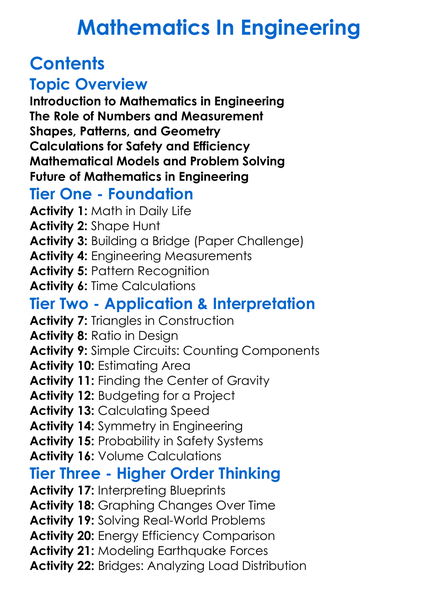 Mathematics In Engineering Worksheet Activity Booklet