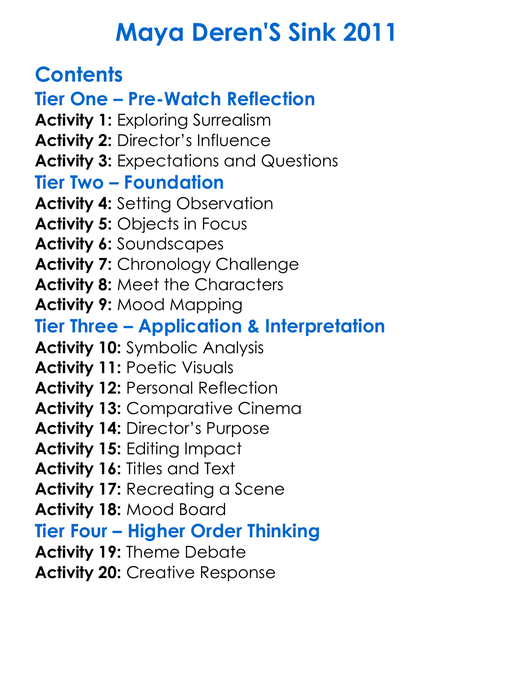 Maya Derens Sink 2011 Worksheet Activity Booklet