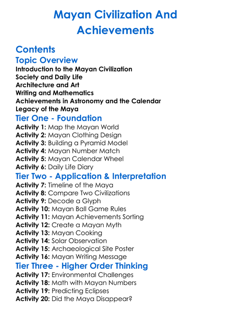 Mayan Civilization And Achievements Worksheet Activity Booklet
