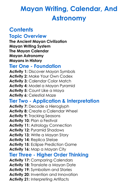 Mayan Writing Calendar And Astronomy Worksheet Activity Booklet
