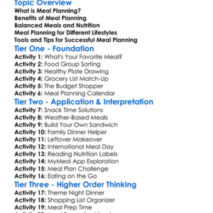 Meal Planning Skills Worksheet Activity Booklet