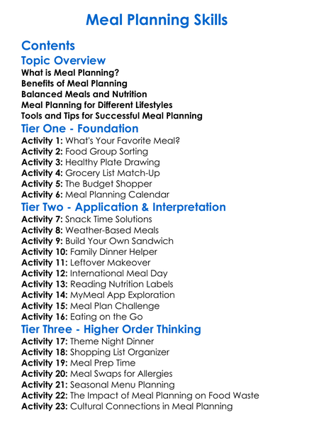 Meal Planning Skills Worksheet Activity Booklet
