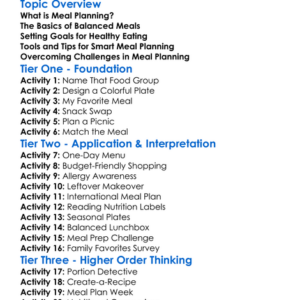 Meal Planning Worksheet Activity Booklet