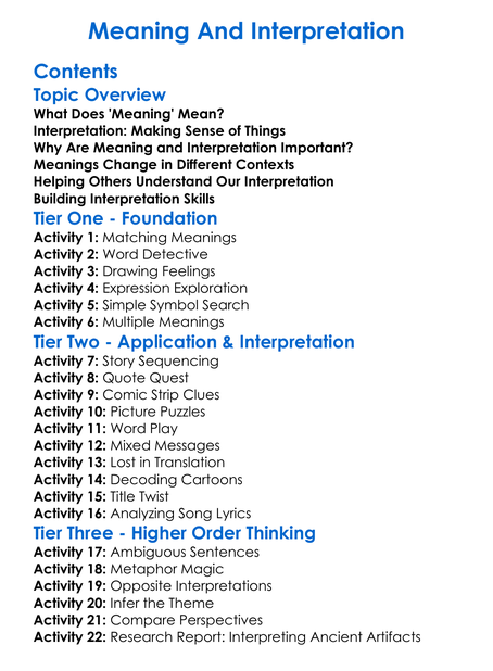 Meaning And Interpretation Worksheet Activity Booklet