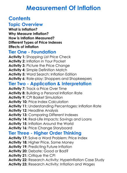 Measurement Of Inflation Worksheet Activity Booklet