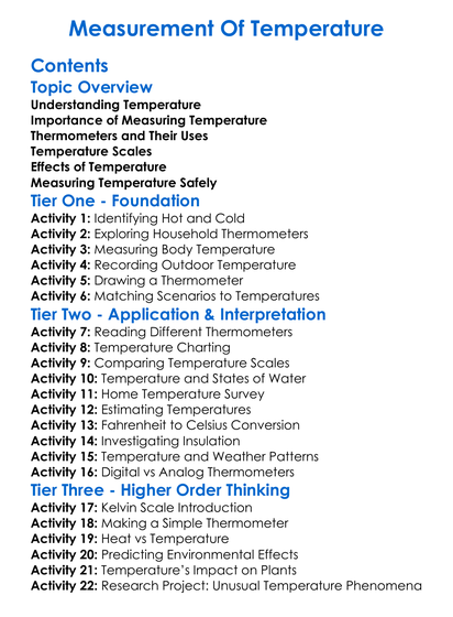 Measurement Of Temperature Worksheet Activity Booklet