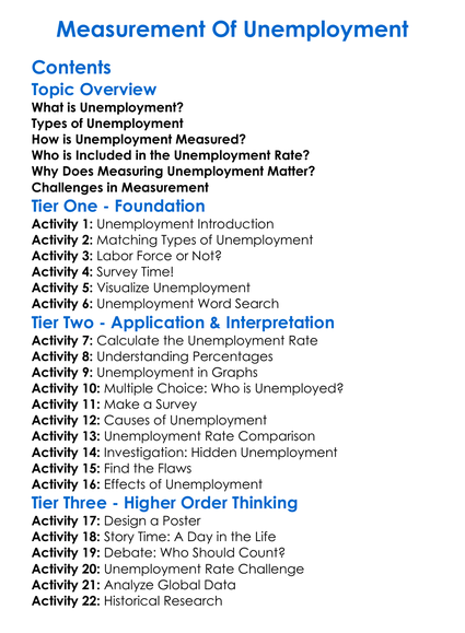Measurement Of Unemployment Worksheet Activity Booklet