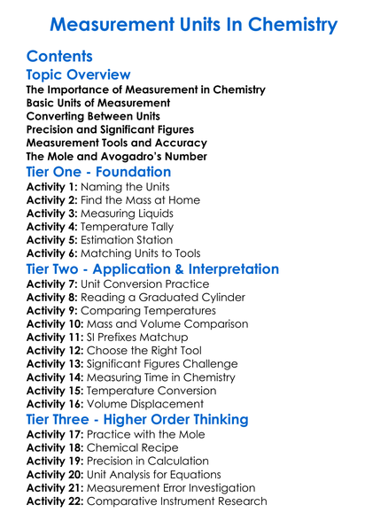 Measurement Units In Chemistry Worksheet Activity Booklet