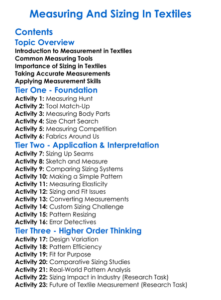 Measuring And Sizing In Textiles Worksheet Activity Booklet