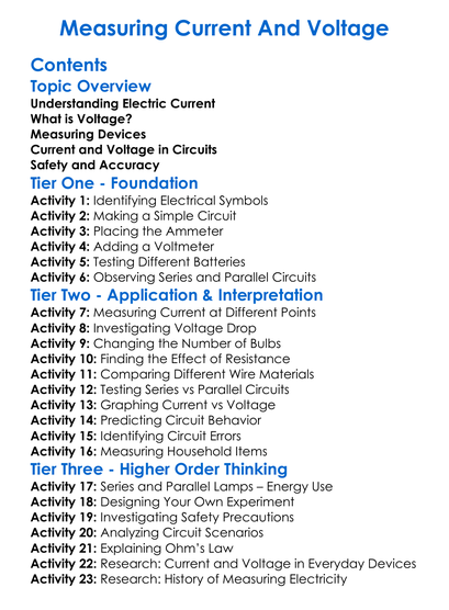 Measuring Current And Voltage Worksheet Activity Booklet