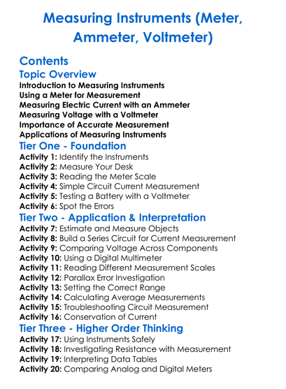 Measuring Instruments Meter Ammeter Voltmeter Worksheet Activity Booklet