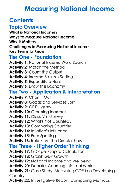 Measuring National Income Worksheet Activity Booklet
