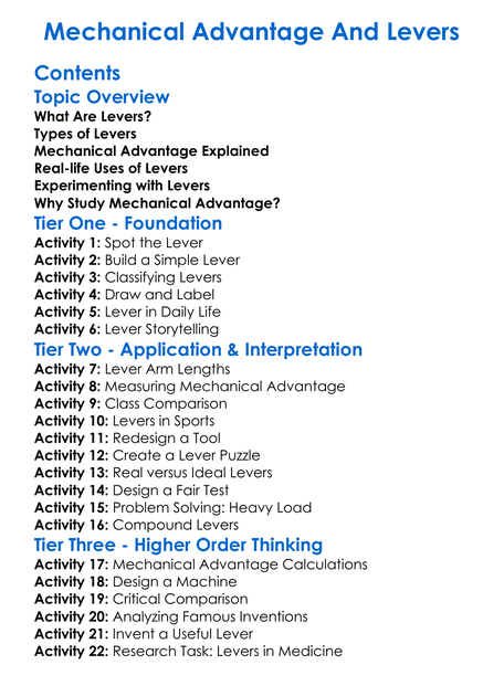 Mechanical Advantage And Levers Worksheet Activity Booklet