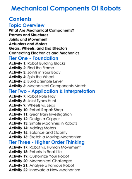 Mechanical Components Of Robots Worksheet Activity Booklet