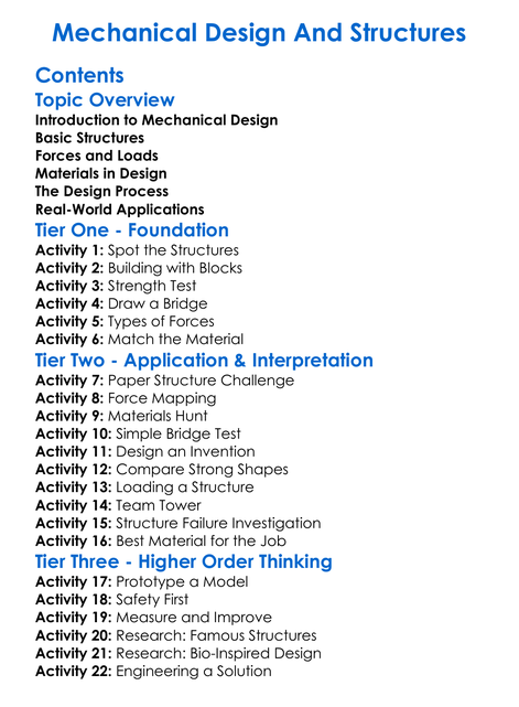 Mechanical Design And Structures Worksheet Activity Booklet