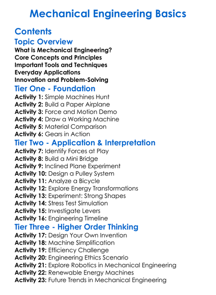 Mechanical Engineering Basics Worksheet Activity Booklet