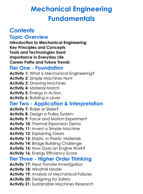 Mechanical Engineering Fundamentals Worksheet Activity Booklet