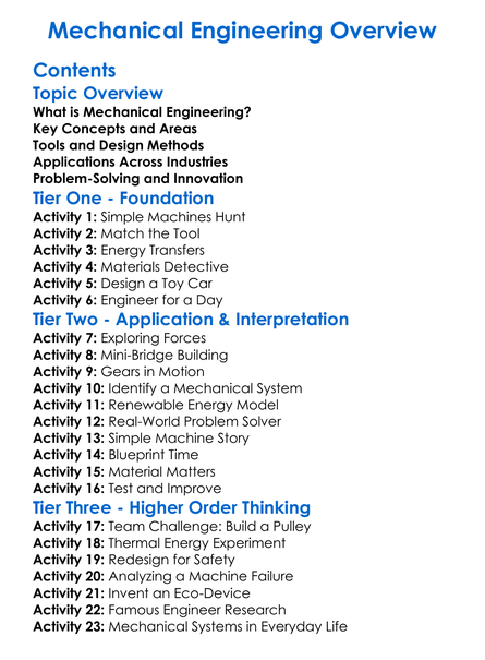 Mechanical Engineering Overview Worksheet Activity Booklet