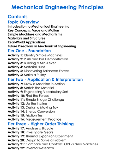 Mechanical Engineering Principles Worksheet Activity Booklet