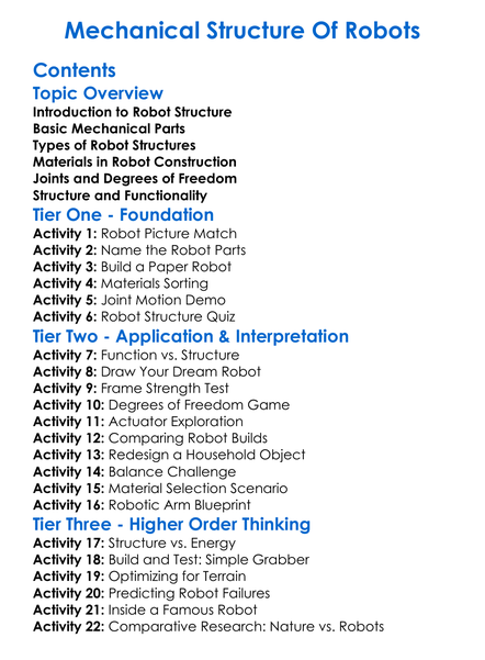 Mechanical Structure Of Robots Worksheet Activity Booklet