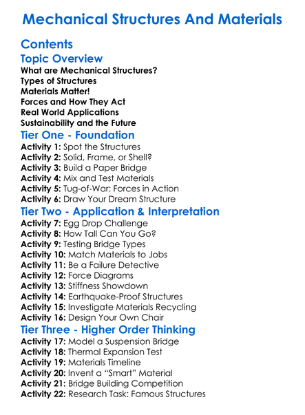 Mechanical Structures And Materials Worksheet Activity Booklet