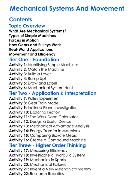 Mechanical Systems And Movement Worksheet Activity Booklet
