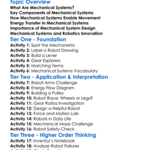 Mechanical Systems In Robotics Worksheet Activity Booklet