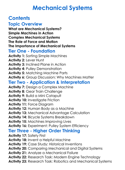 Mechanical Systems Worksheet Activity Booklet