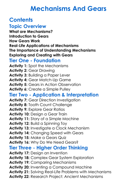 Mechanisms And Gears Worksheet Activity Booklet