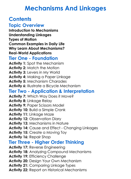 Mechanisms And Linkages Worksheet Activity Booklet
