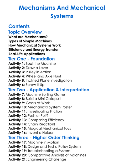 Mechanisms And Mechanical Systems Worksheet Activity Booklet