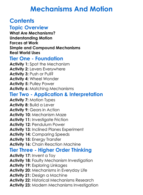 Mechanisms And Motion Worksheet Activity Booklet