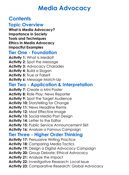 Media Advocacy Worksheet Activity Booklet