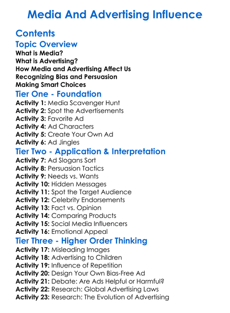 Media And Advertising Influence Worksheet Activity Booklet