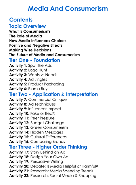 Media And Consumerism Worksheet Activity Booklet
