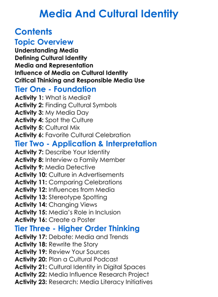 Media And Cultural Identity Worksheet Activity Booklet
