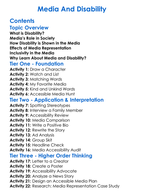 Media And Disability Worksheet Activity Booklet