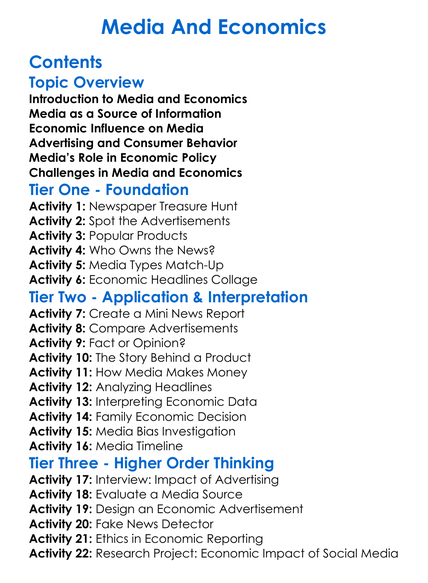 Media And Economics Worksheet Activity Booklet