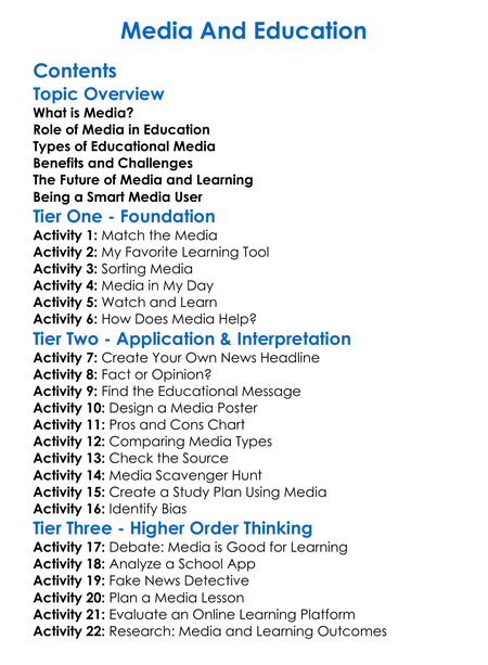 Media And Education Worksheet Activity Booklet