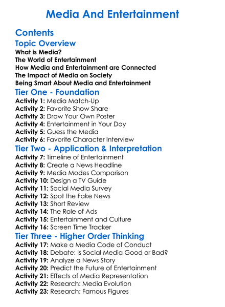 Media And Entertainment Worksheet Activity Booklet