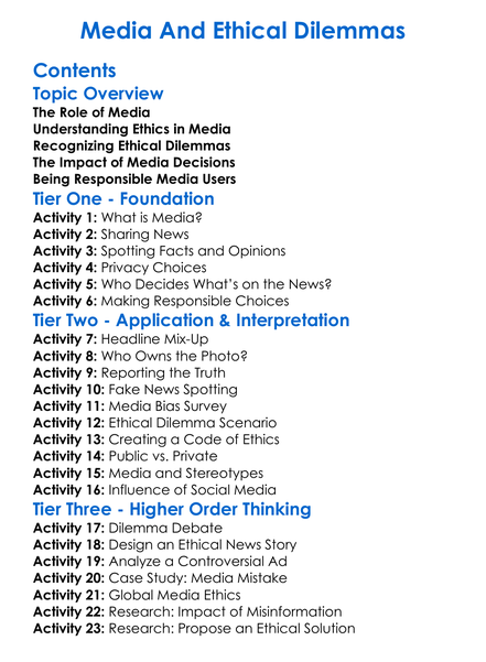 Media And Ethical Dilemmas Worksheet Activity Booklet