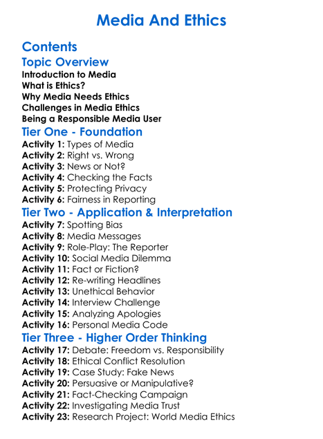 Media And Ethics Worksheet Activity Booklet