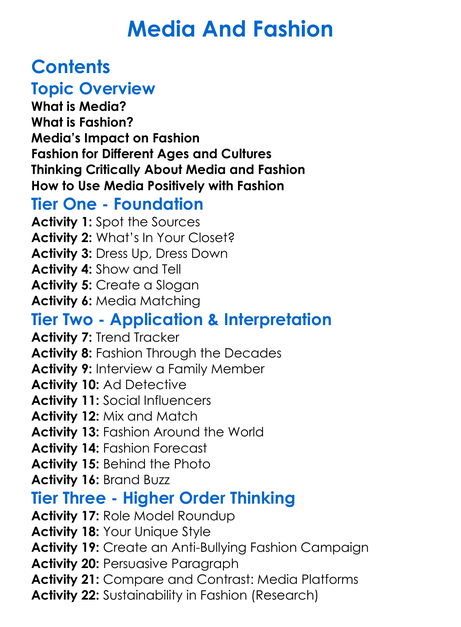 Media And Fashion Worksheet Activity Booklet