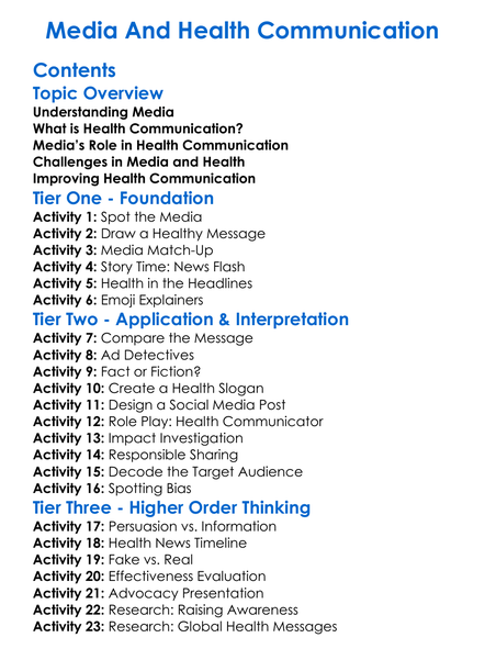 Media And Health Communication Worksheet Activity Booklet
