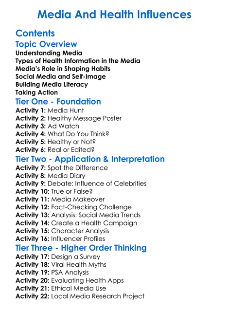 Media And Health Influences Worksheet Activity Booklet