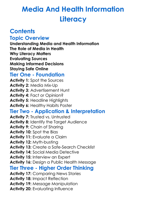 Media And Health Information Literacy Worksheet Activity Booklet