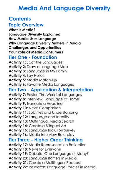 Media And Language Diversity Worksheet Activity Booklet